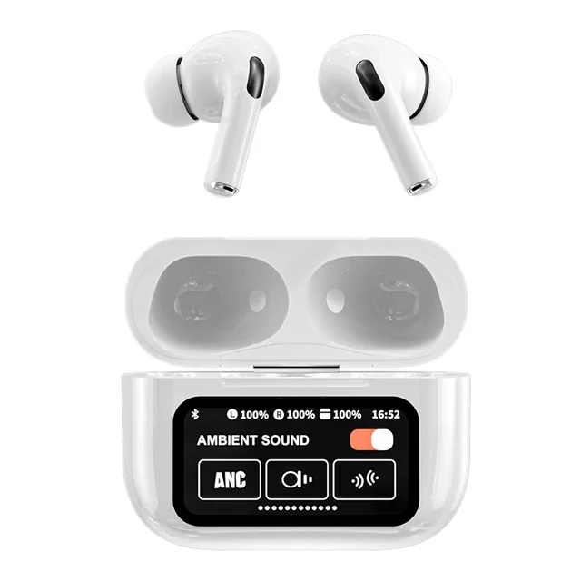 AirPods A9 Pro LCD უსადენო Bluetooth ყურსასმენები ANC და სენსორული ეკრანით